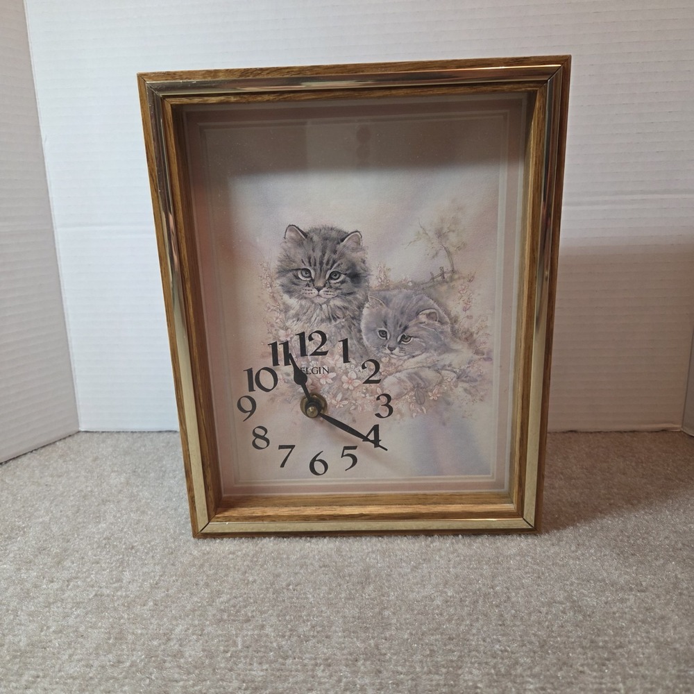 Vintage Elgin Kitten Wall Clock Wood Frame Quartz Cat Decor 172PHFC